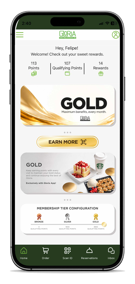 Gloria App home screen showing points, rewards and the Gold membership tier.